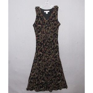 Vintage David Warren Dress 16 Silk Linen Dark Floral Ruffle Boho Cottage 90s Y2K